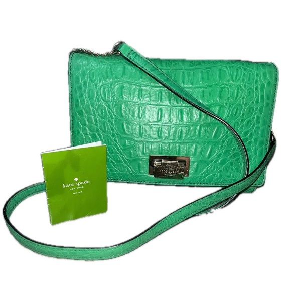Kate Spade Orchard Valley Fiona Flap Green Leather Croc Embossed Crossbody Bag - Picture 2 of 11